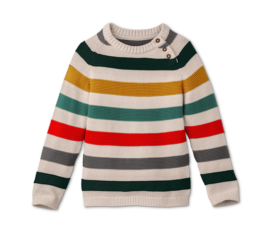 Gestreifter Feinstrickpullover mit Knöpfen an der Schulter.