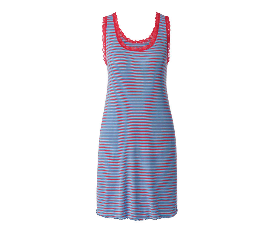 Gestreiftes Trägernachthemd aus Rippe mit roter Spitze.