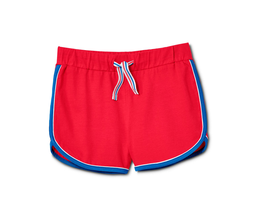Rote Mädchen-Shorty-Pyjama mit blauen Bündchen und Kordelzug.