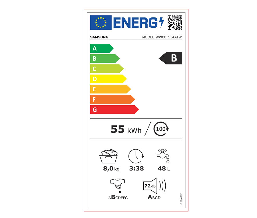 Energielabel der Samsung-Waschmaschine »WW80T534ATW/S2«, B (von A bis G), 8 kg, 1.400 U/Min.