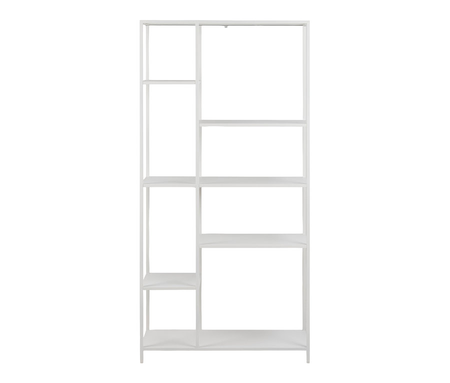 Leeres, weißes, offenes Regal "Newcastle" mit vier Regalböden auf der rechten und drei auf der linken Seite.