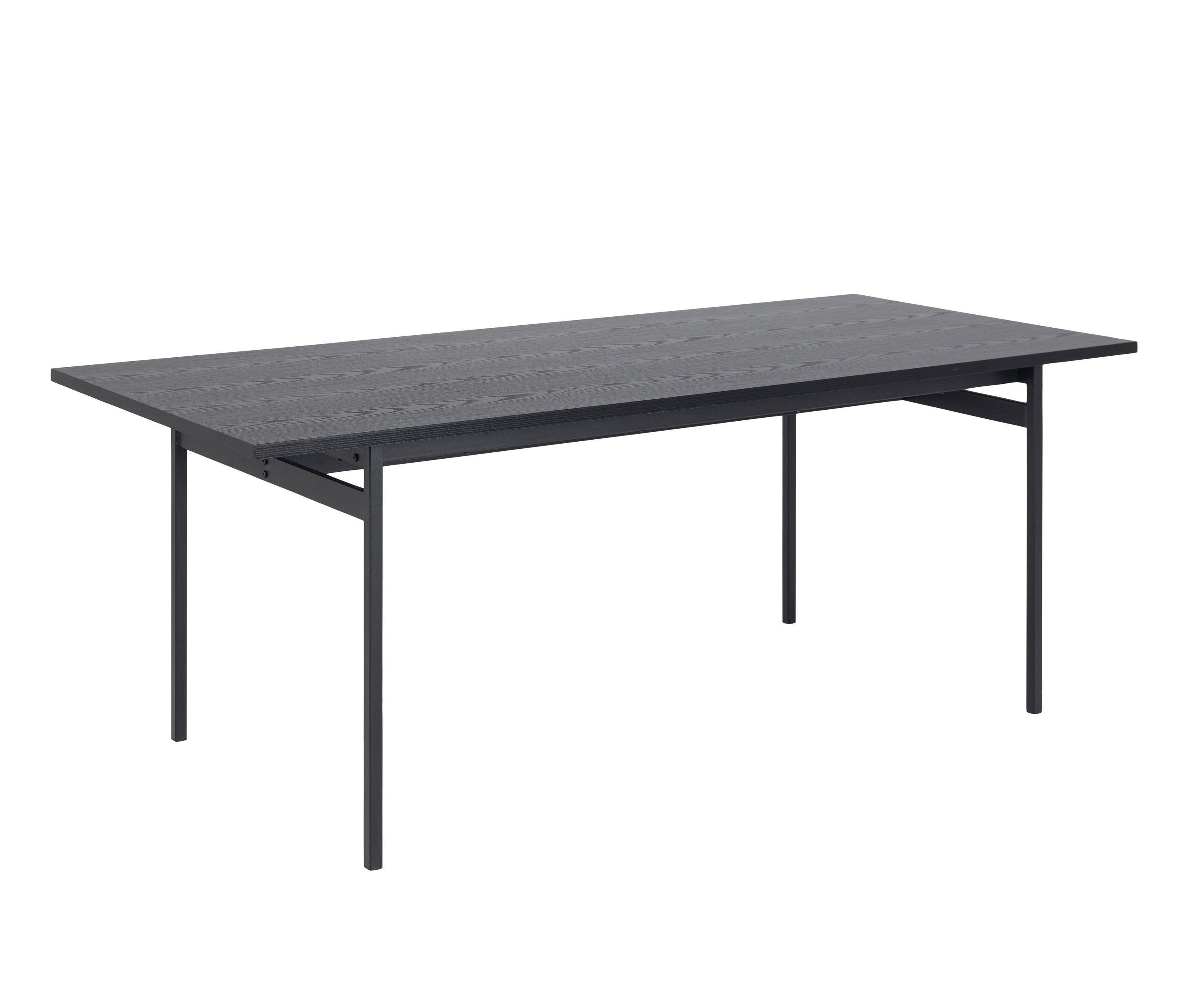 Schwarzer Esstisch mit vier Beinen.