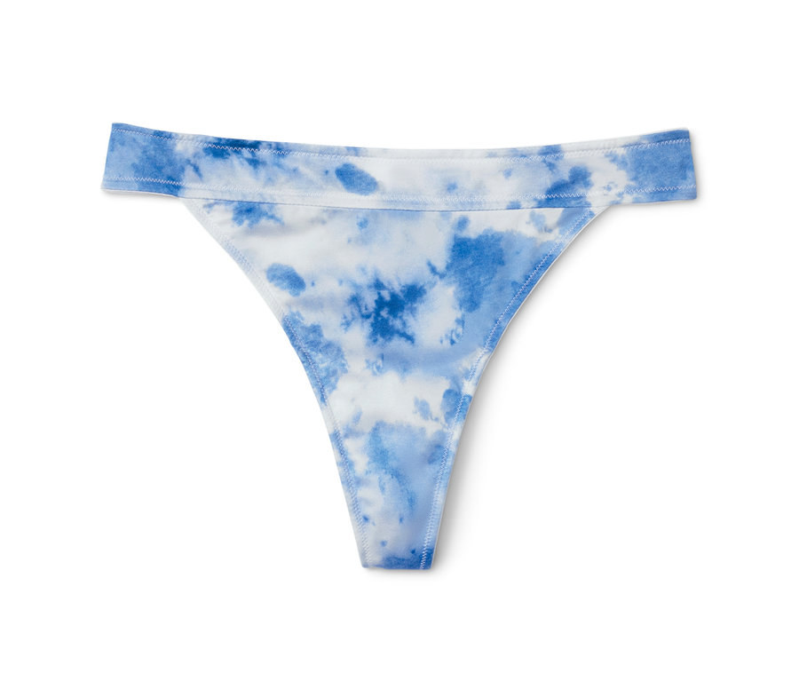 Nahaufnahme von einem blauen und weißen Damen String.