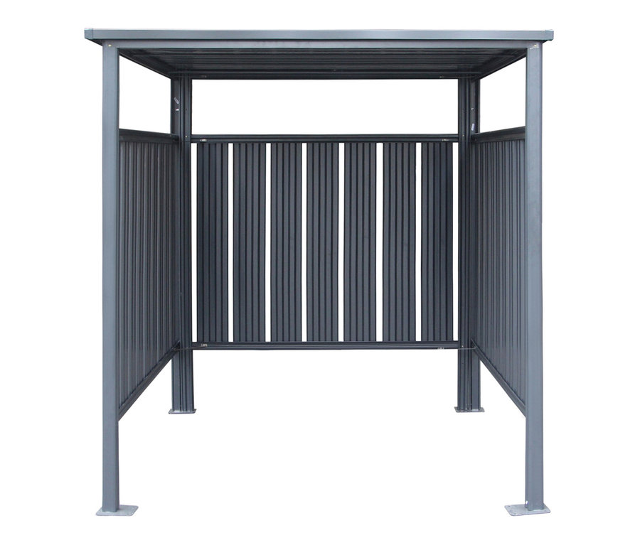 Ein grauer Fahrradunterstand mit Lamellenwand.