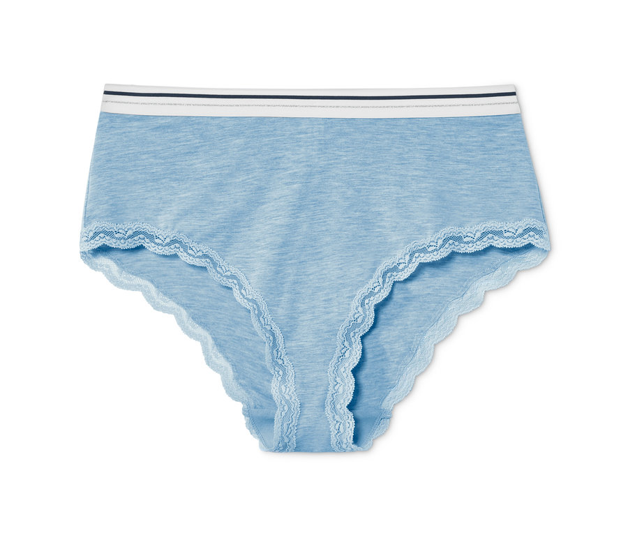 Hellblauer Taillenslip mit weißen Spitzenbesatz an den Rändern.