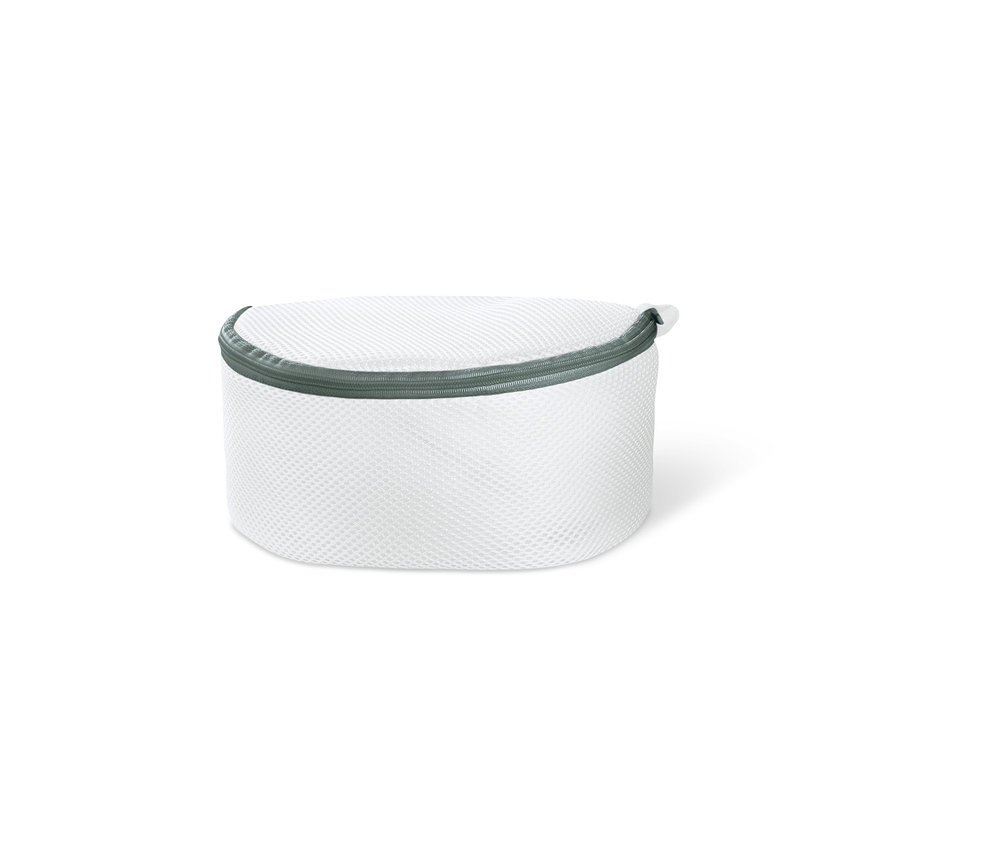 Ein weißes 2 BH-Wäschenetze mit einem grauen Reißverschluss.