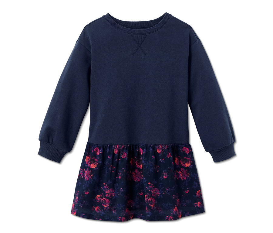 Marineblaues Sweatkleid mit Blumenmuster.