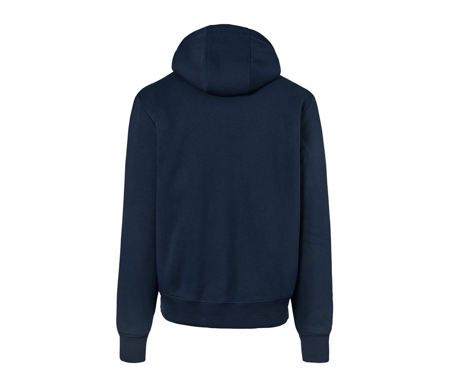 Rückansicht einer marineblauen Kapuzen-Sweatjacke mit Teddyplüsch-Futter.