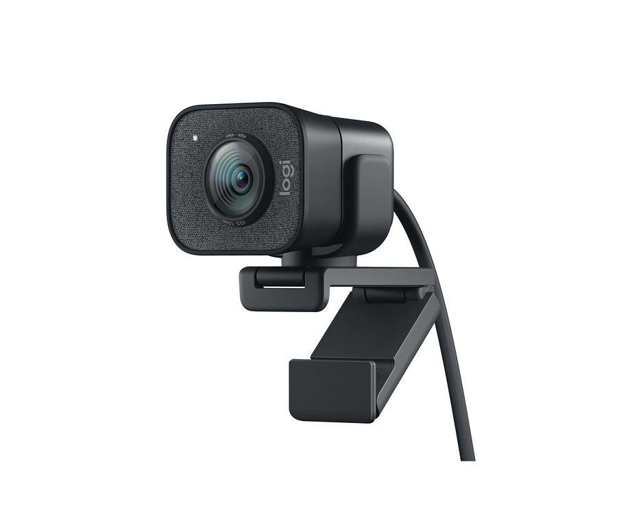 Detailaufnahme einer schwarzen Logitech »Stream-Cam« Webcam mit grauem Stoff auf der Vorderseite.