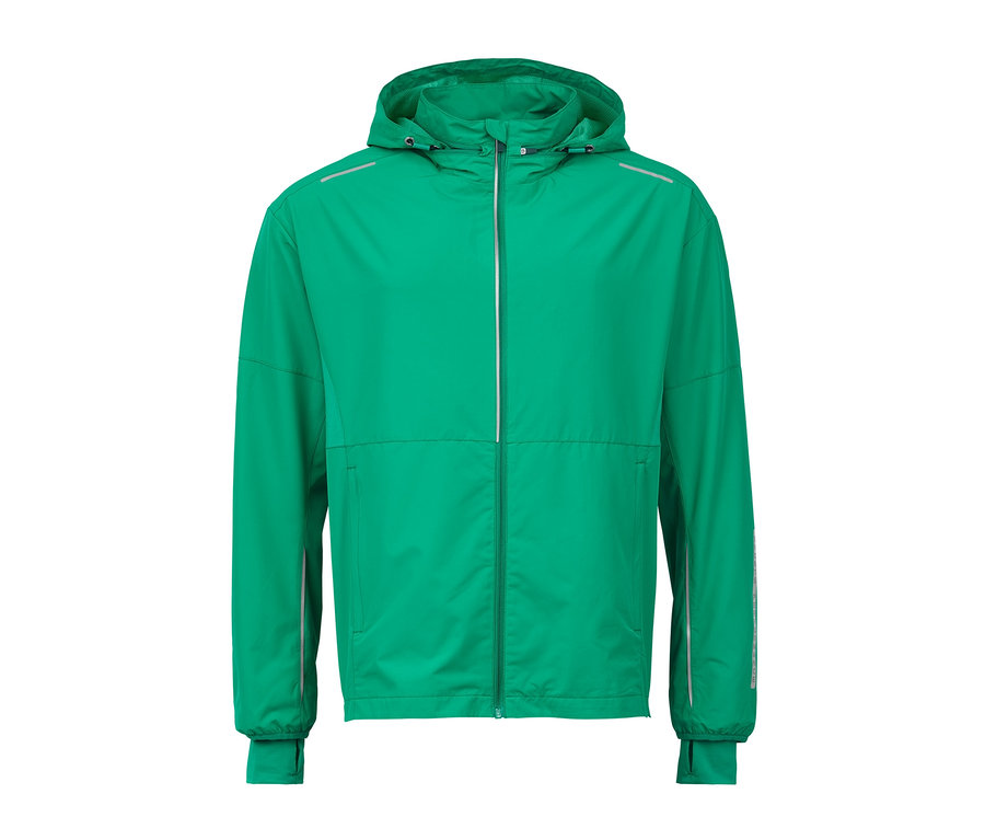 Grüne Windprotection-Funktionsjacke mit Reißverschluss und Kapuze.