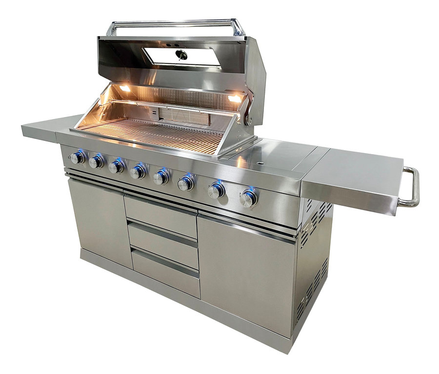 Buschbeck-Outdoorküche aus Edelstahl mit offenem Grillbereich und Stauraum.