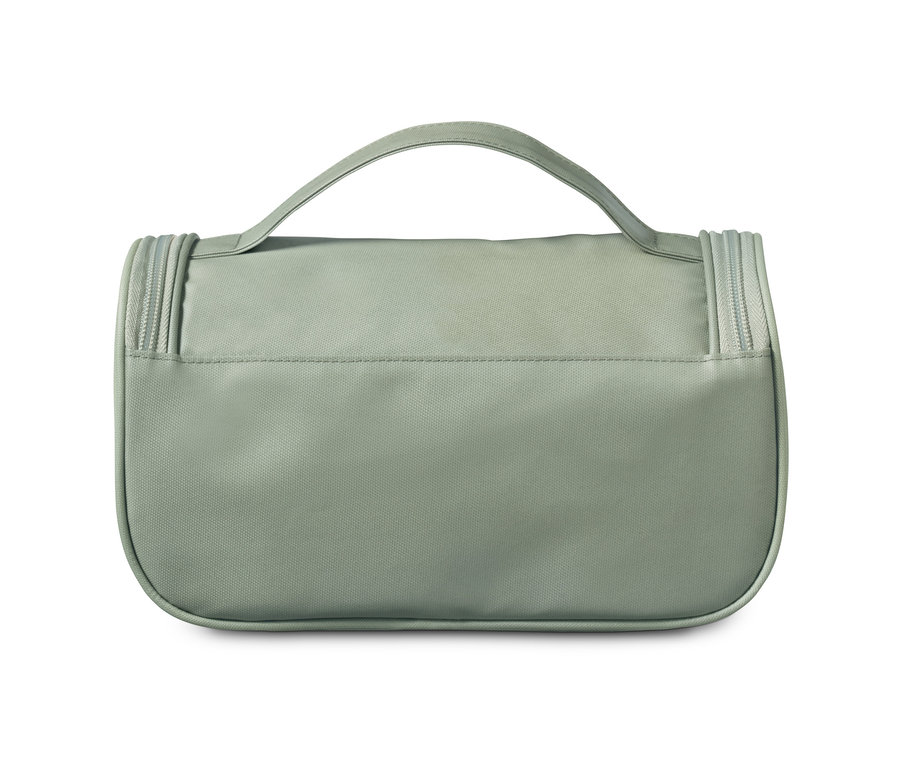 Eine grüne Kulturtasche mit Griff und Reißverschlüssen.