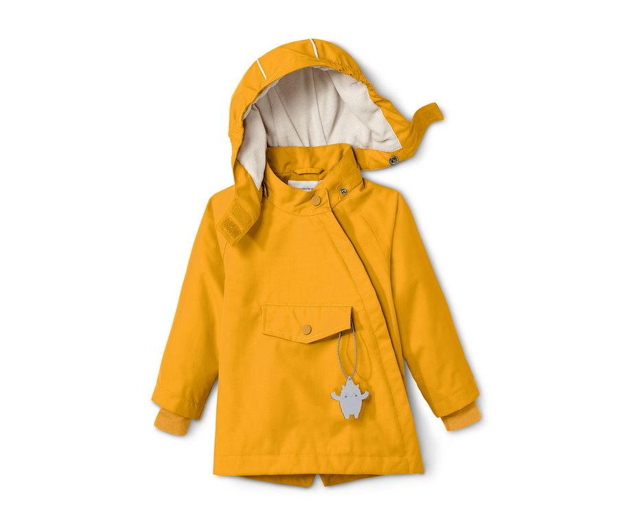 Gelbe Thermo-Regenjacke mit Kapuze und Tasche.