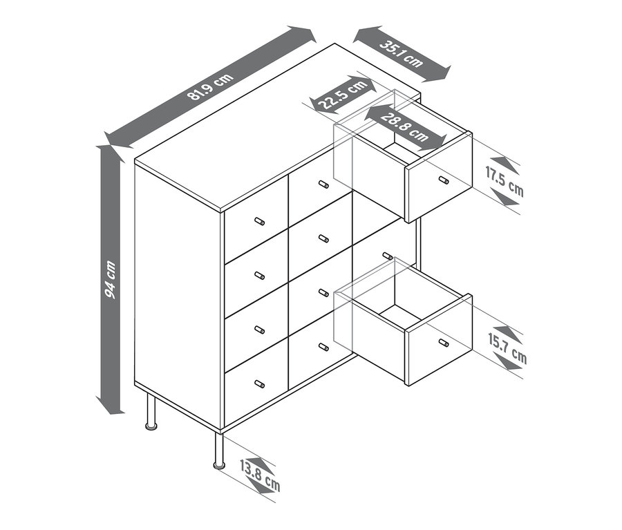 Illustration einer Kommode mit 12 Schubladen und hervorgehobenen Abmessungen.