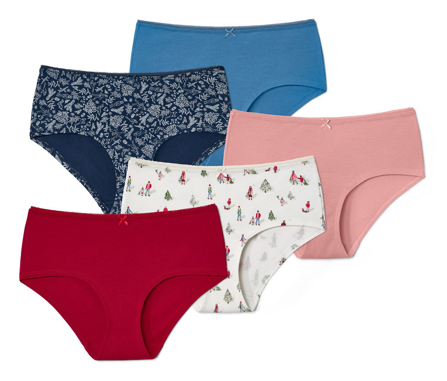 Fünf Pantys in verschiedenen Farben und Mustern.