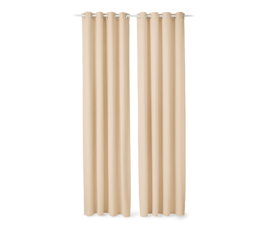 Zwei beige Vorhangschals hängen an einer weißen Stange.