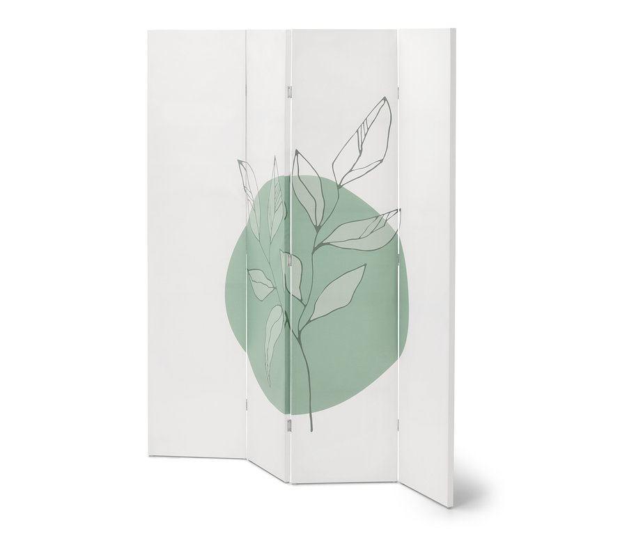 Weißer Paravent mit grünem Blattmotiv.