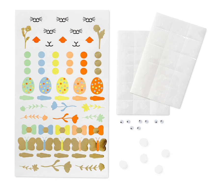 Ein Oster-Bastel-Set mit Aufklebern mit Hasen, Eiern und Schmetterlingen.