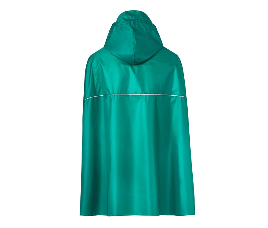 Grüner Unisex-Regenponcho mit Kapuze, von hinten gesehen.