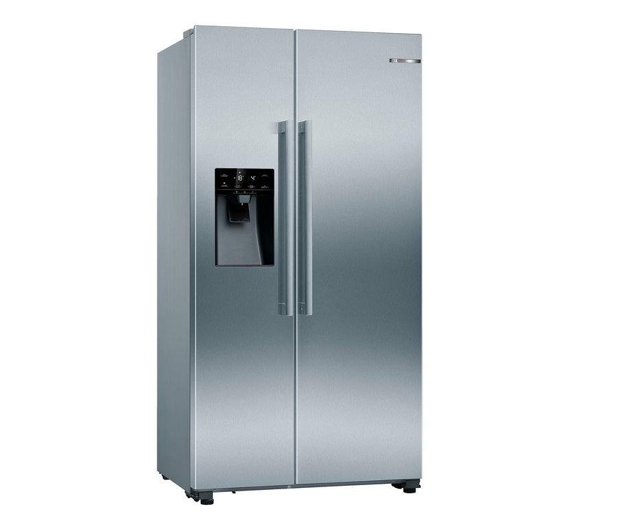 Silberner Bosch Side-by-Side-Kühlschrank KAI93VIFP mit Eiswürfelbereiter.