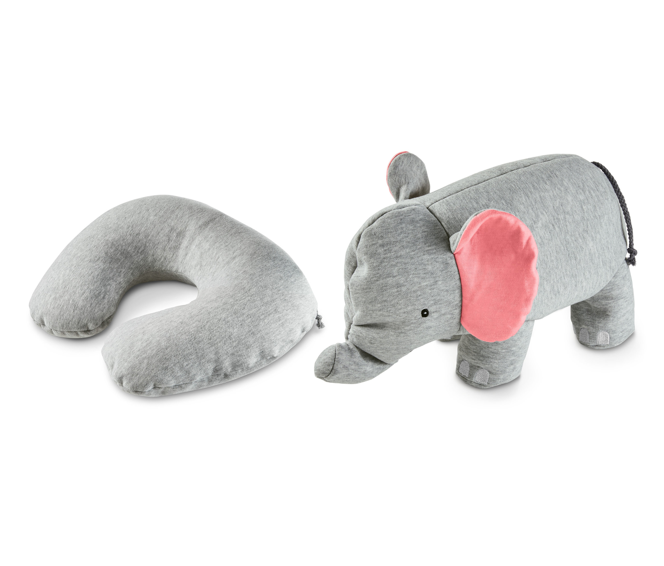 Graues 2-in-1-Nackenhörnchen »Elefant« nebeneinander in U-Form und als Elefantenspielzeug.