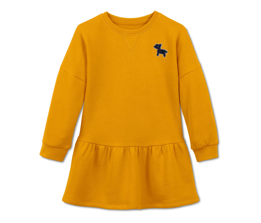 Gelbes Sweatkleid mit langen Ärmeln und Hunde-Applikation.