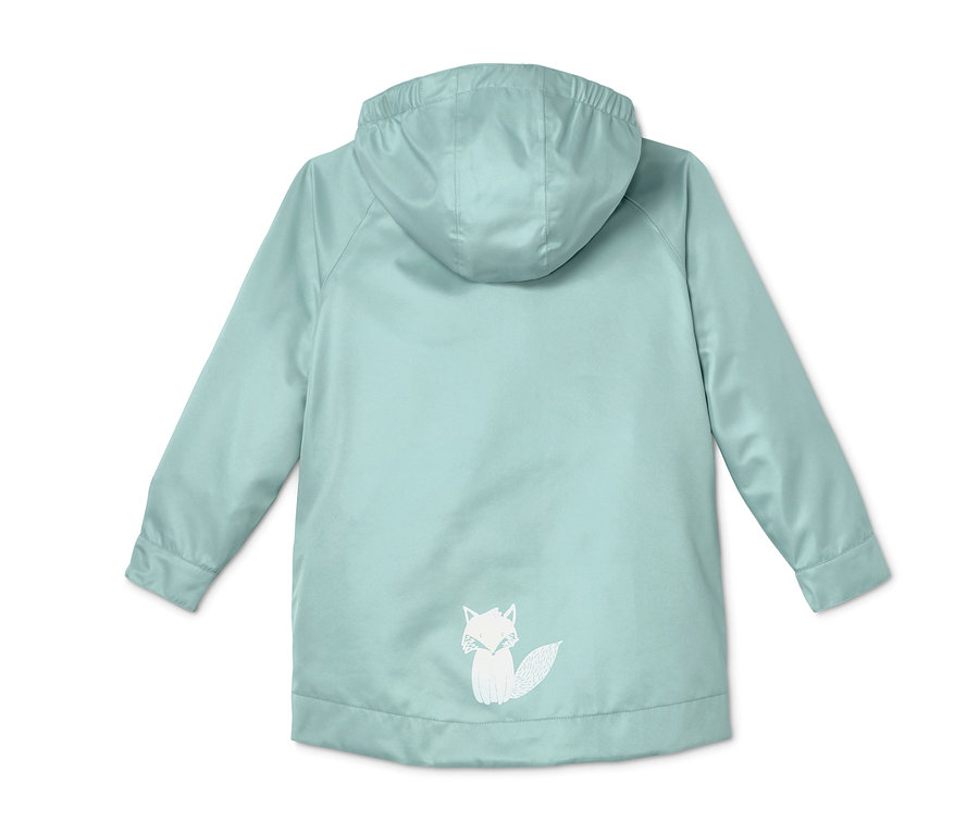 Hellgrüne Regenjacke mit Kapuze und Fuchsabbildung auf der Rückseite.