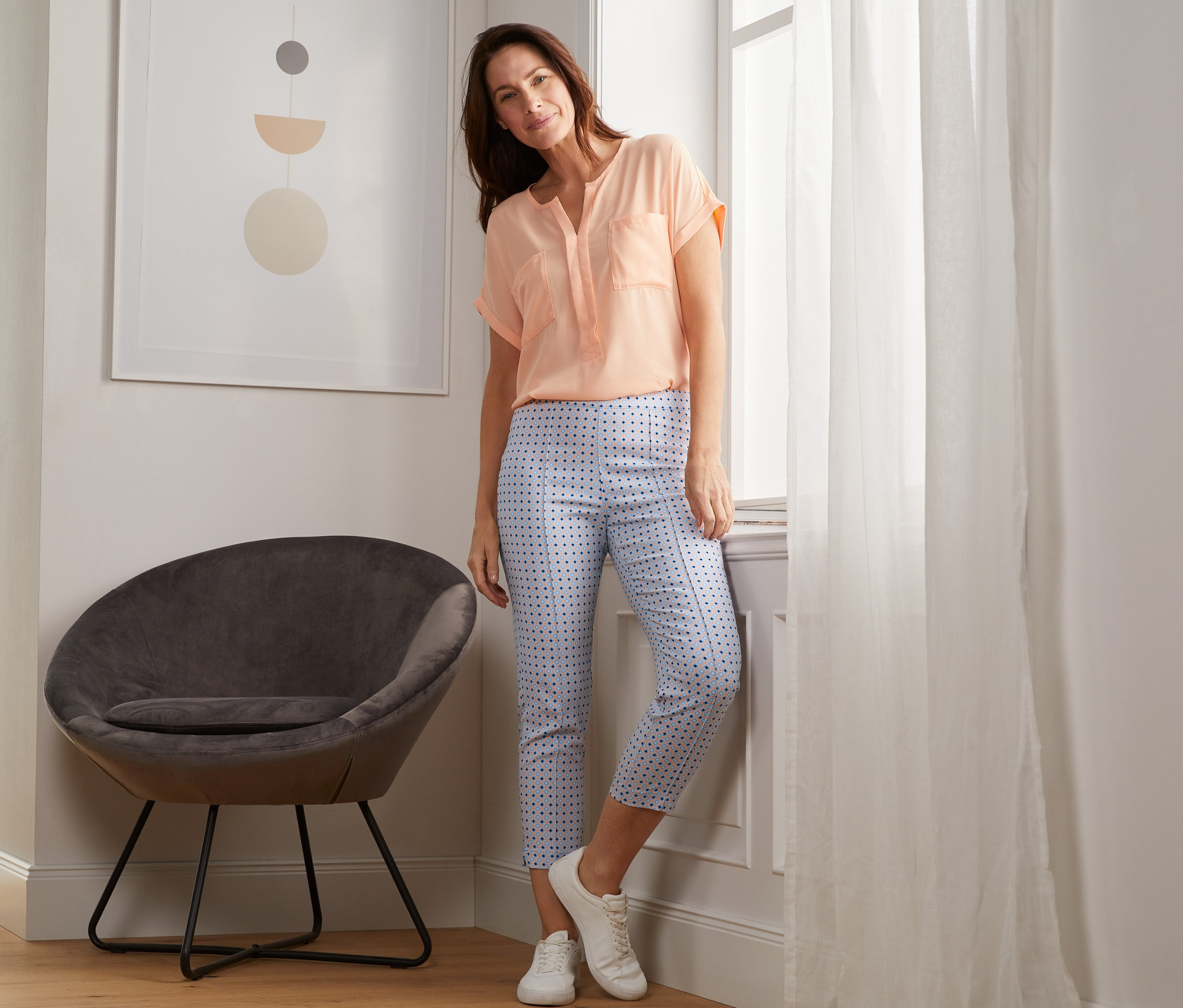 Thumbnail - Tchibo - Bedruckte 7/8-Stretchhose - Damen - Gr. XL - hellblau/print