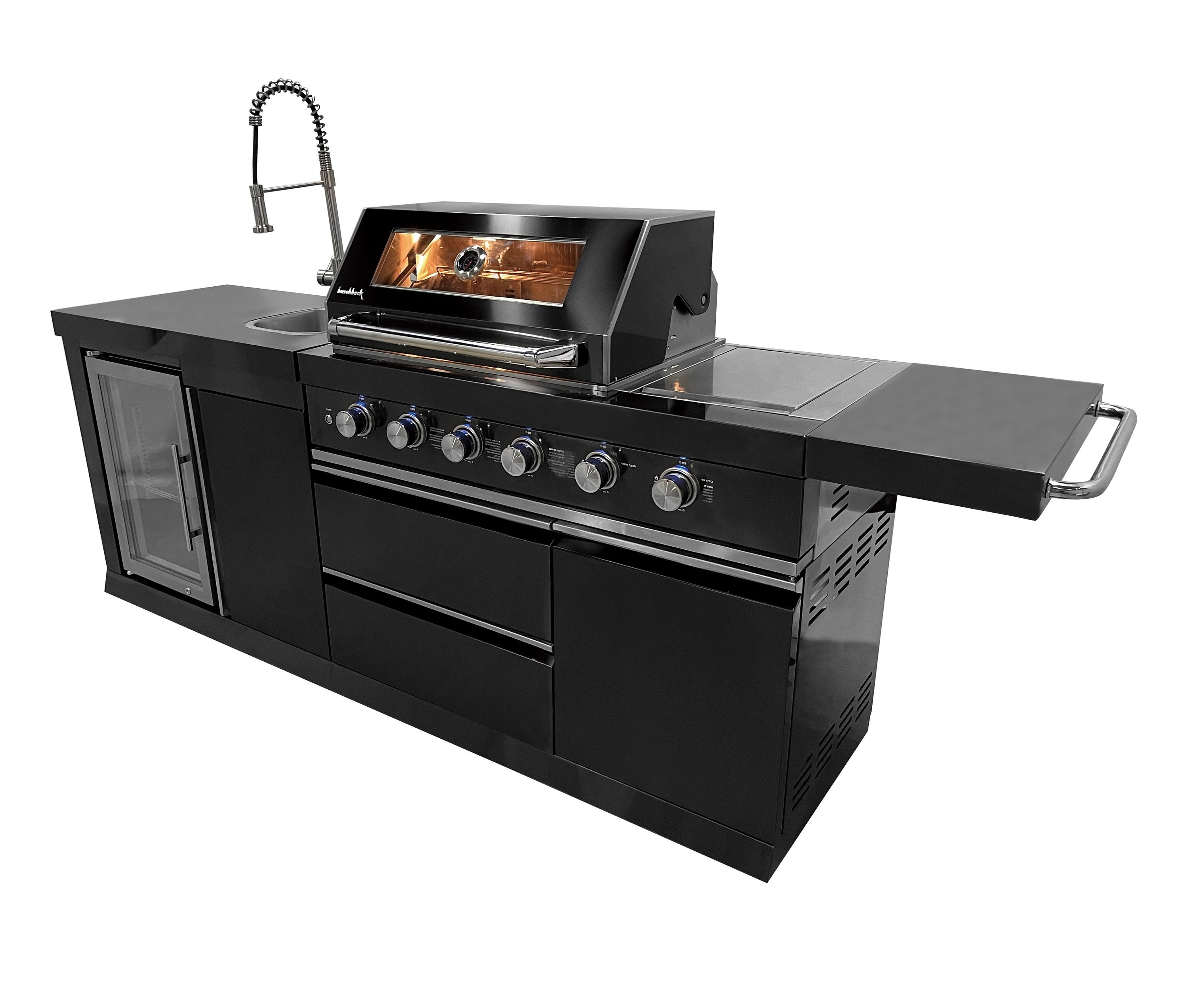 Schwarze Buschbeck-Outdoorküche "Cambridge" mit Grill, Spüle und Stauraum.