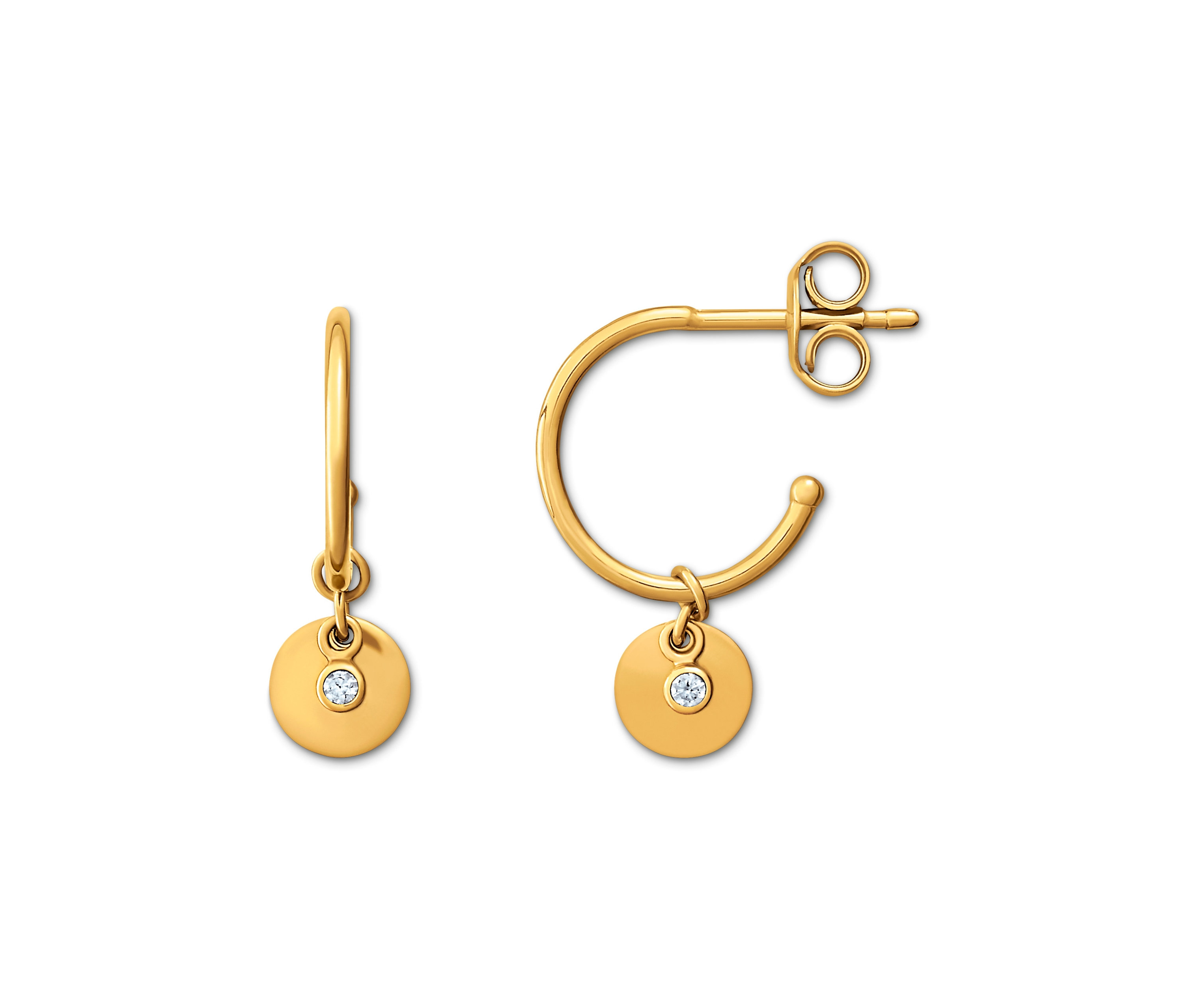 Zwei goldene Creolen mit Zirkonia.