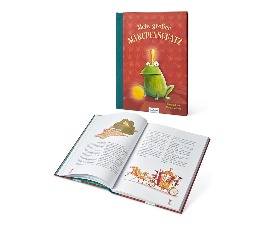 Geöffnetes Buch mit Illustrationen, im Hintergrund das Buch »Mein großer Märchenschatz«.