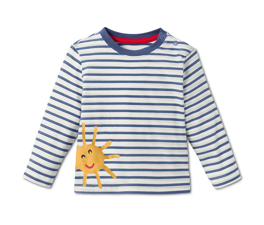 Gestreiftes Langarmshirt mit Sonnen-Applikation. 3 Jersey-Langarmshirts aus Bio-Baumwolle.