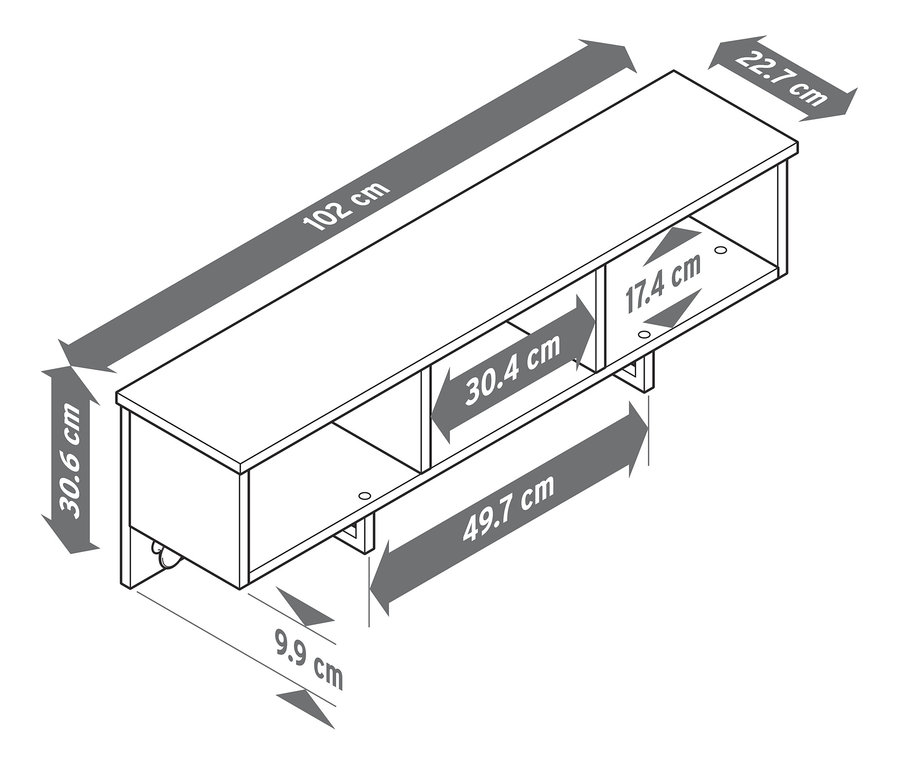 Abbildung einer hängenden Wandgarderobe mit Maßangaben.