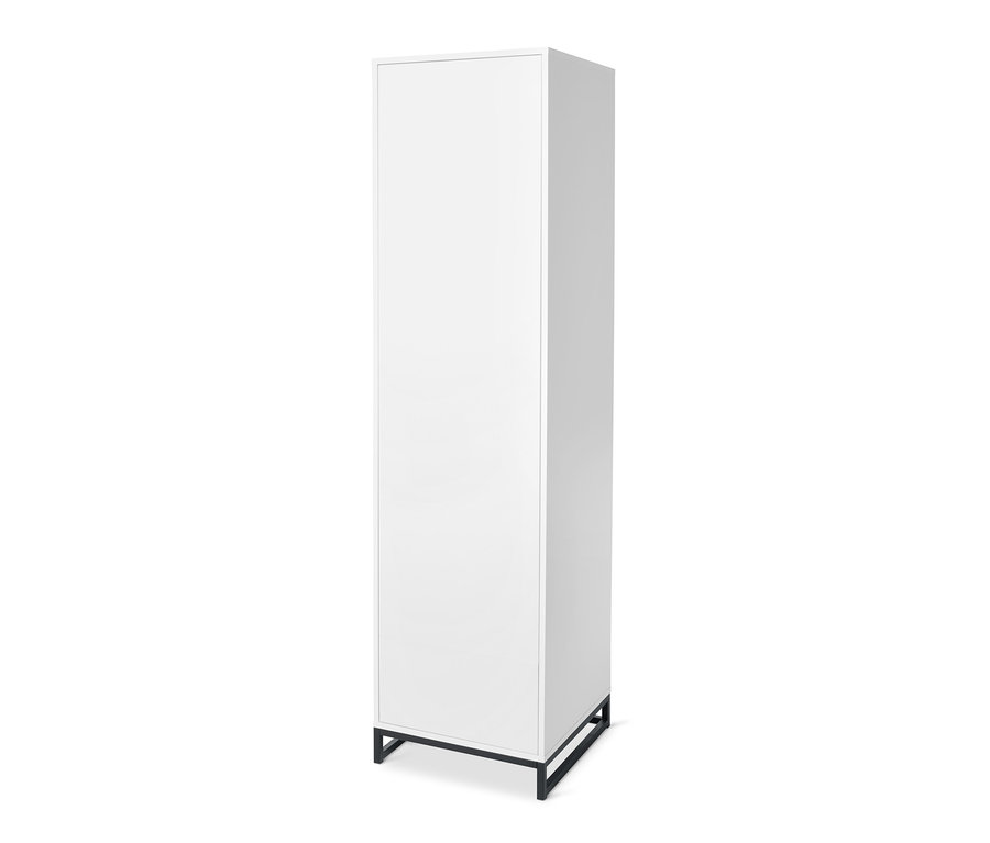 Ein schmaler, weisser Kleiderschrank mit schwarzem Rahmen.