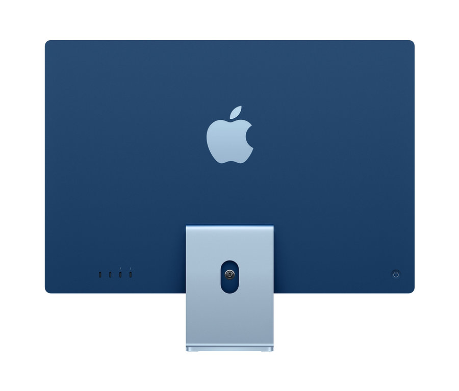 Detailansicht der Rückseite eines blauen Apple iMac 24" mit M1 Chip.