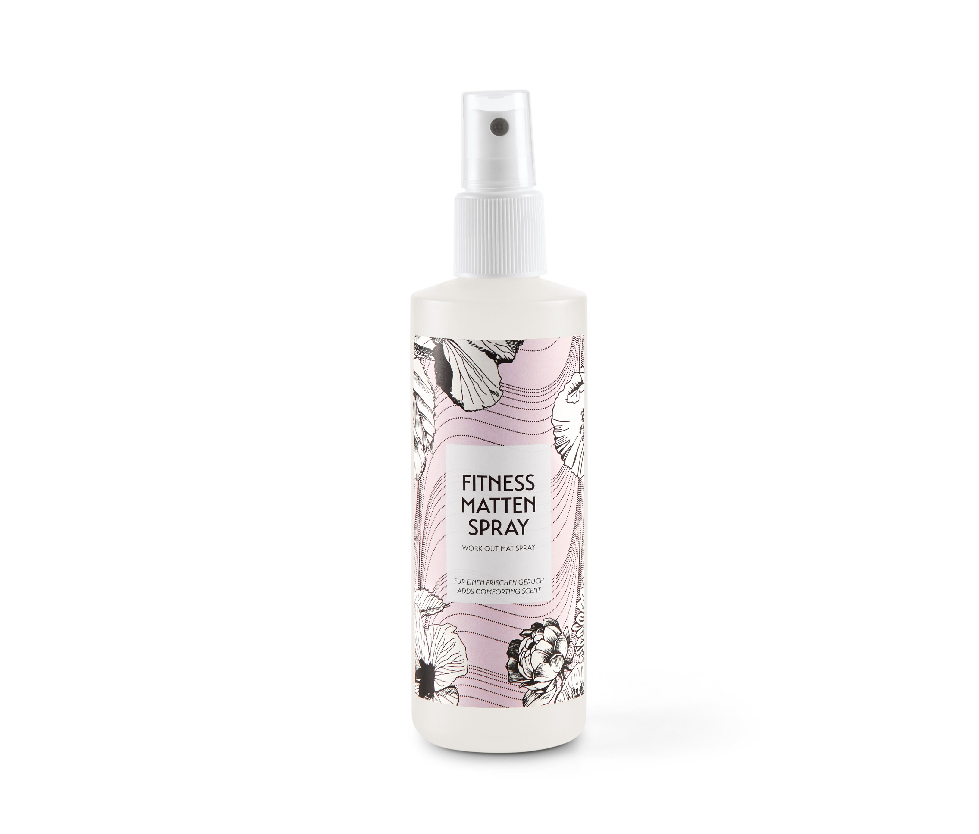 Eine Flasche Fitnessmatten-Hygiene-Spray mit einem weißen Sprühkopf und einem Etikett mit Blumenmuster.