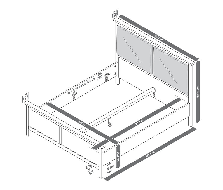 Abbildung eines Bettes mit gepolstertem Kopfteil, ca. 160 x 200 cm, mit Maßangaben.