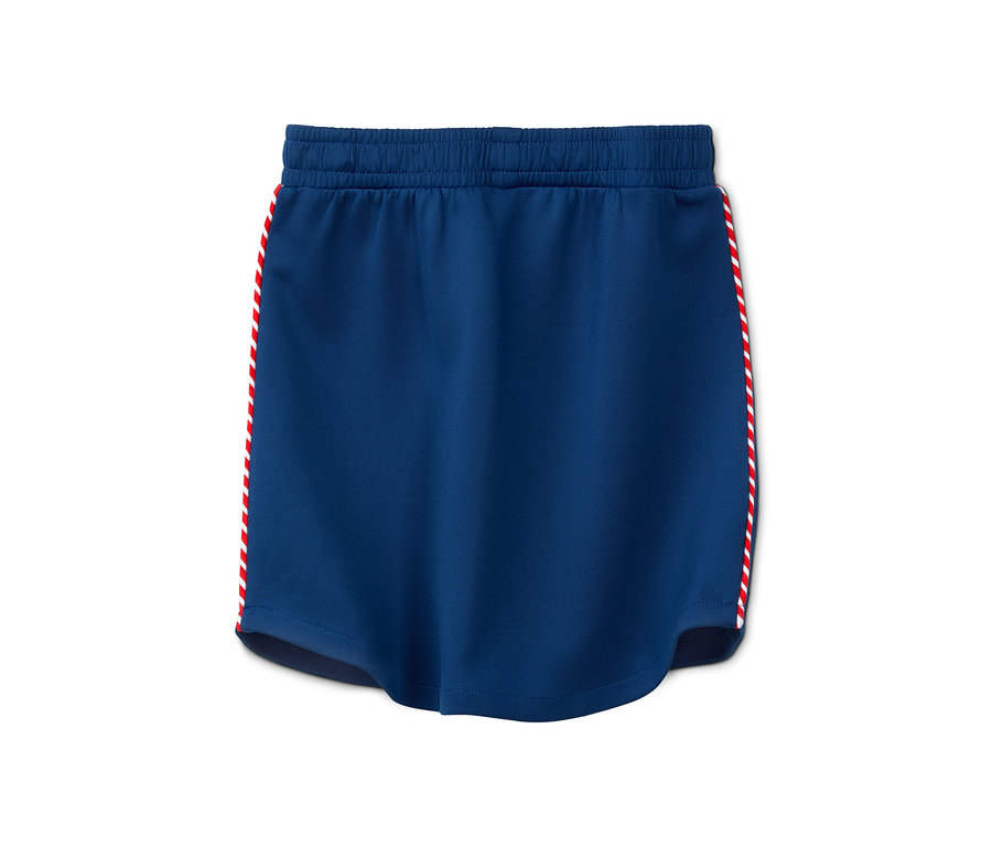 Ein blauer sportlicher Jerseyrock mit roten und weißen Streifen an den Seiten.