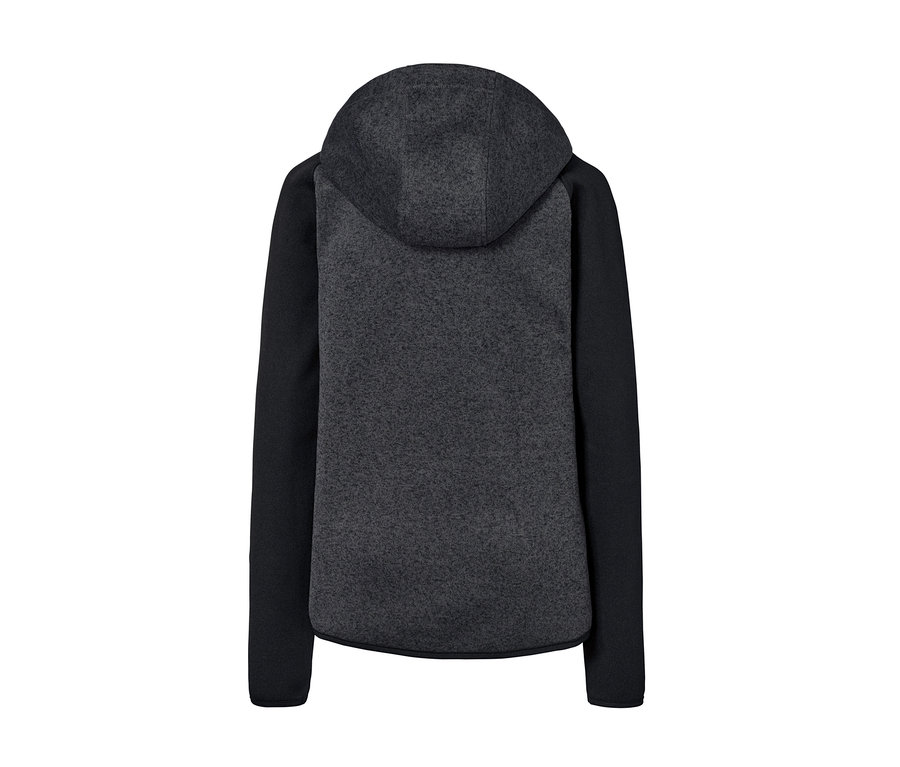 Detailansicht der Rückseite einer anthrazitfarbenen und schwarzen Strickfleece-Jacke mit Kapuze.