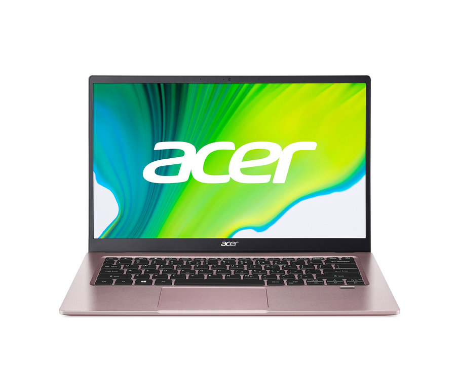 Ein pinkfarbenes Acer Swift 1 Notebook wird von vorne gezeigt.