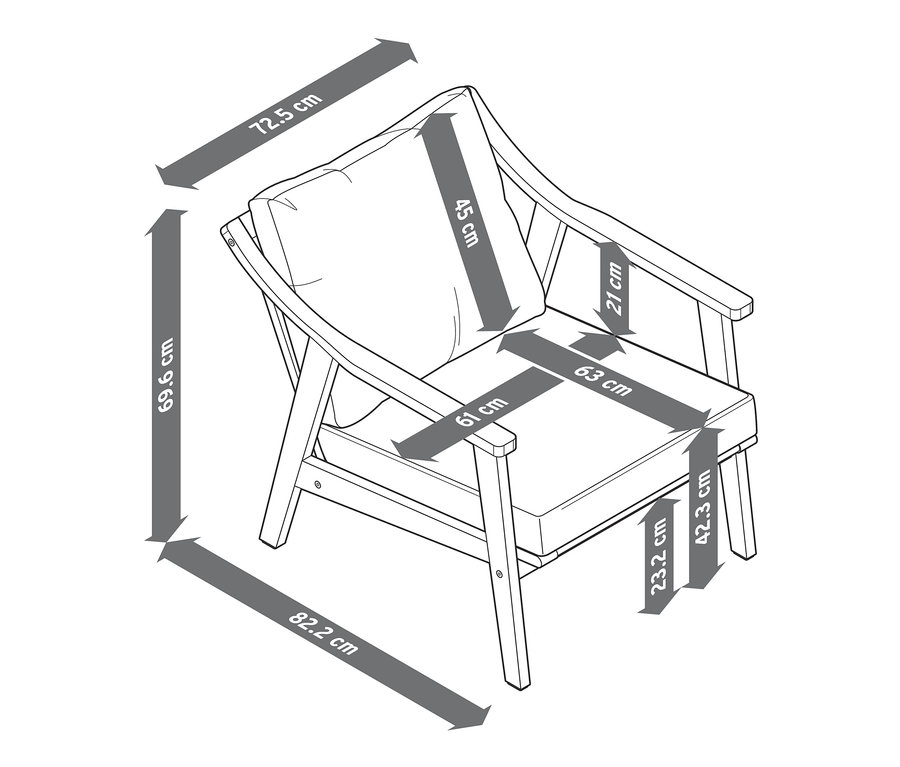 Skizze von einem Relaxsessel mit Fußteil und Relax-Komfort-Kissen mit Bemaßung.