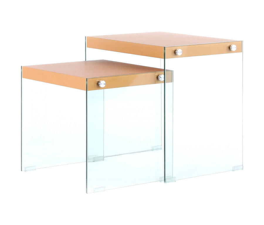 Zwei goldfarbene Kayoom Beistelltische »Elementary 225« mit Platten übereinander und Glasbeinen auf weißem Hintergrund.