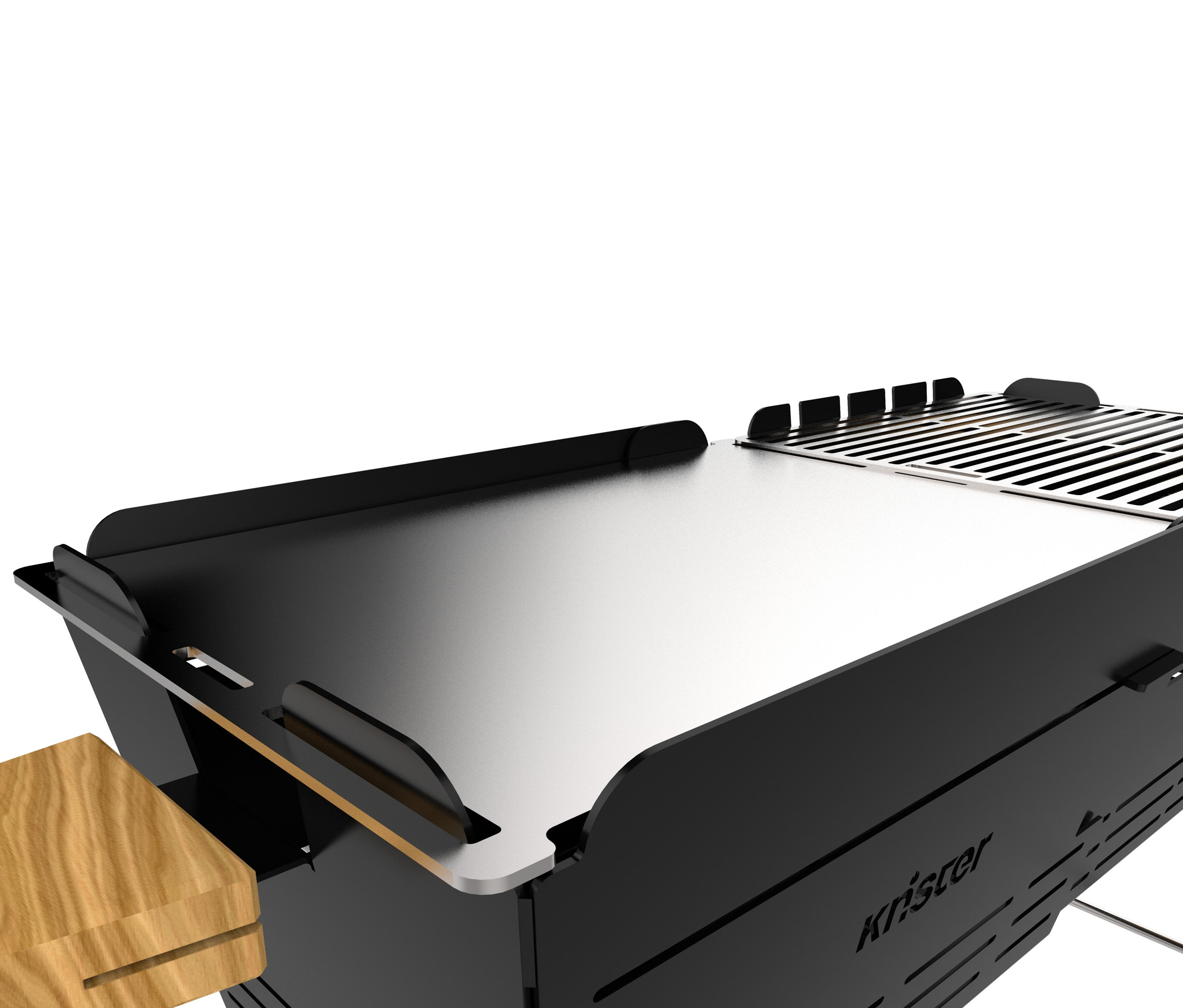Schwarzer Grill mit Knister Plancha-Platte aus Edelstahl.