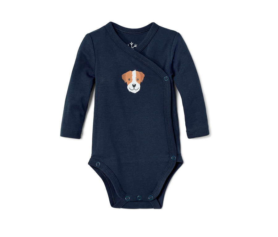 Marineblauer Babybody mit langen Ärmeln und Hundemotiv.