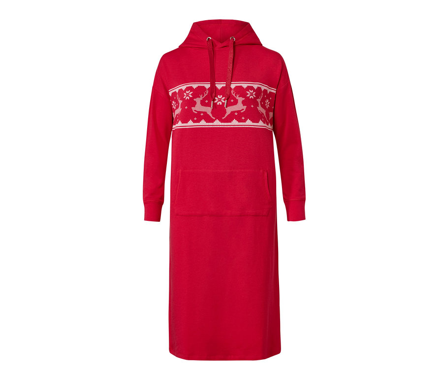 Rotes Loungewear-Kleid mit Kapuze und weißem Rentier-Muster.