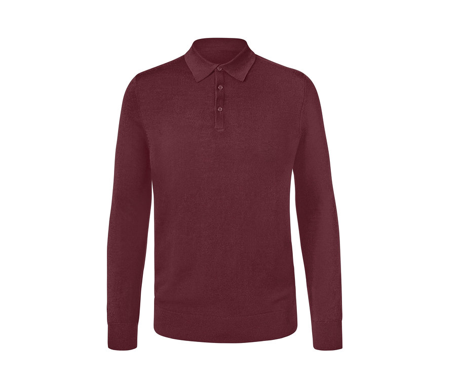 Ein bordeauxroter Merino-Pullover mit Kragen und Knöpfen.