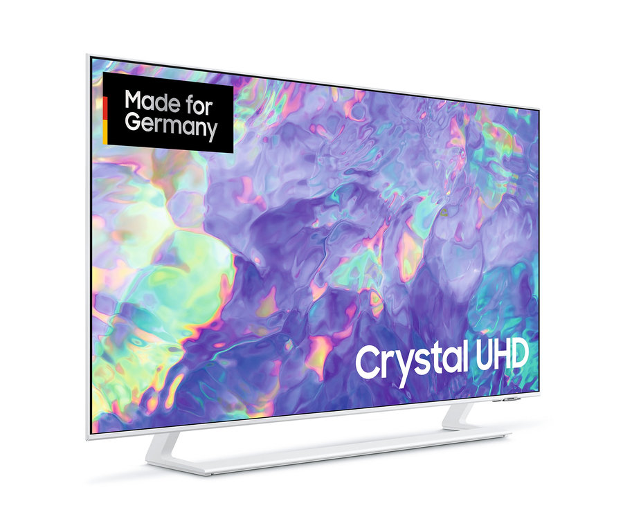 Ein weißer Samsung GU50CU8589UXZG Crystal UHD-4K-LED-TV, weiß, 50-Zoll steht auf einem weißen Sockel.