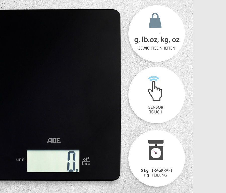 Schwarze digitale ADE Küchenwaage Leonie mit Anzeige, die 0 g anzeigt.