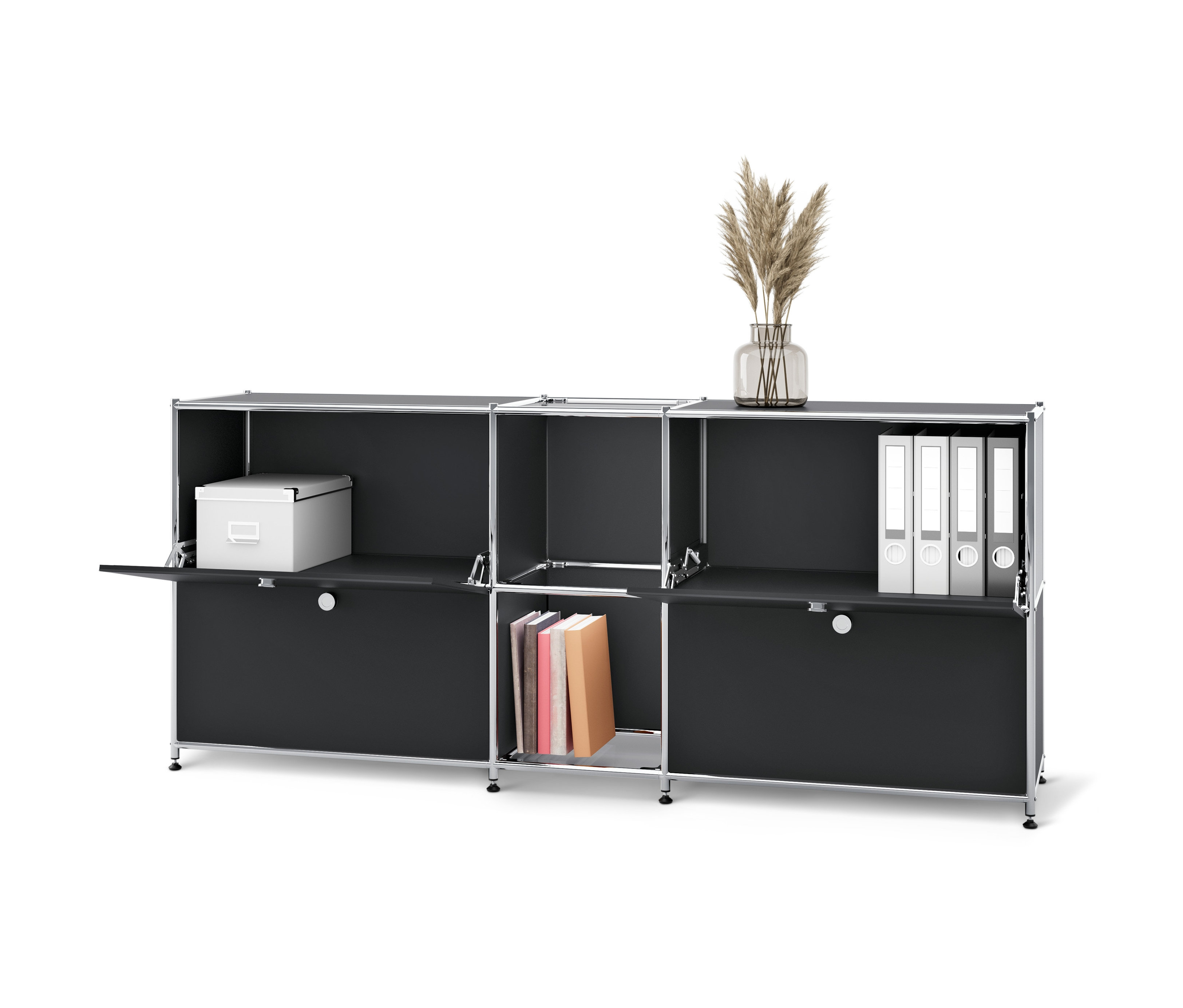 Schwarzes Sideboard Metall »CN3« mit 4 Klappenfächern, mit Box, Büchern und Ordnern.