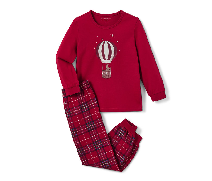 Ein Kinder-Pyjama »Ballon«, glow in the dark, ist auf dem Bild zu sehen. Der Pyjama ist rot und hat ein Motiv mit einem Heißluftballon.